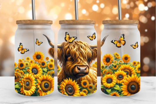 HIGHLAND COW WITH SUNFLOWERS & BUTTERFLIES