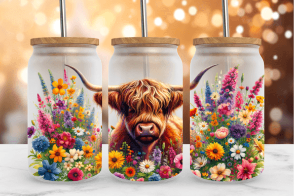 HIGHLAND COW WITH BRIGHT FLOWERS