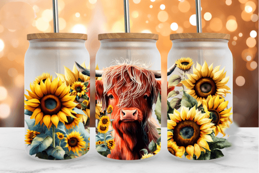 HIGHLAND COW AND SUNFLOWERS