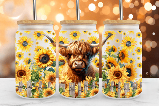 HIGHLAND COW AND SUNFLOWERS