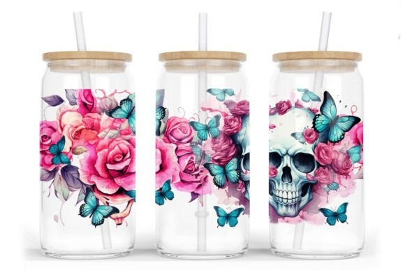 GIRLY SKULL WITH PINK ROSES AND BUTTERFLIES