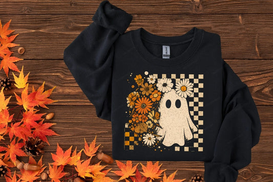 CHECKERED GHOST WITH FALL DAISIES