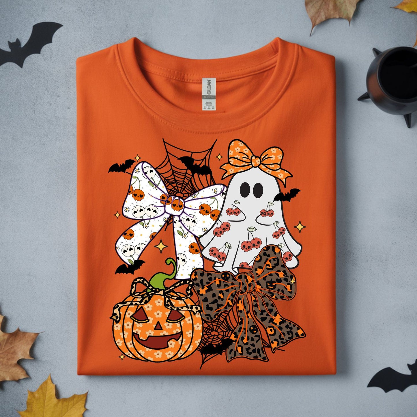 HALLOWEEN LEOPARD GHOST BOWS AND PUMPKIN