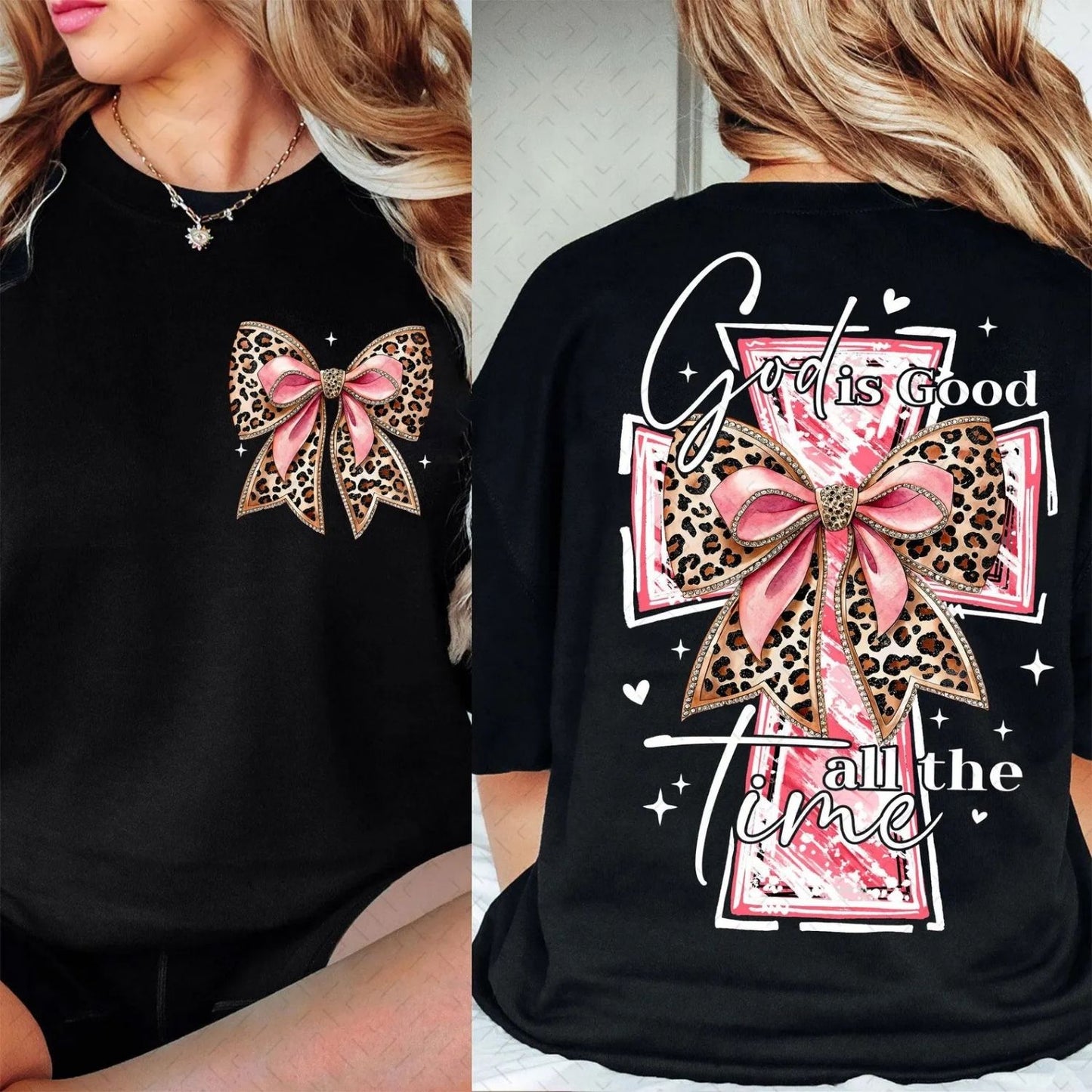GOD IS GOOD - PINK CROSS/BOW - FRONT/BACK DESIGN